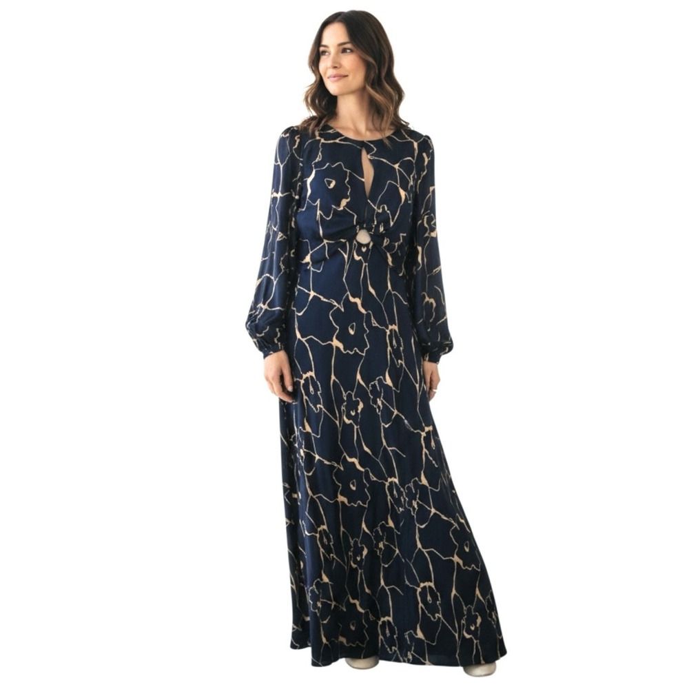ASTR The Label Elegant, Suzy Satin Cutout Maxi‎ Dress, Navy Taupe, Size Medium